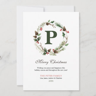 Merry Christmas Burgundy Wreath Monogram Hol Holiday Card