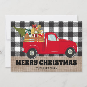 Merry Christmas Burlap Buffalo Plaid Truck Photos Holiday Card
