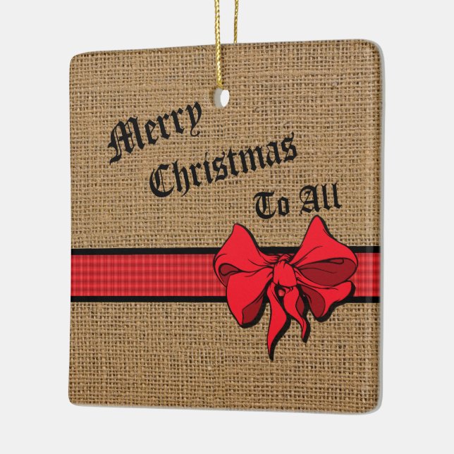 Merry Christmas Burlap Red Trim Personalised Ceramic Ornament (Left)