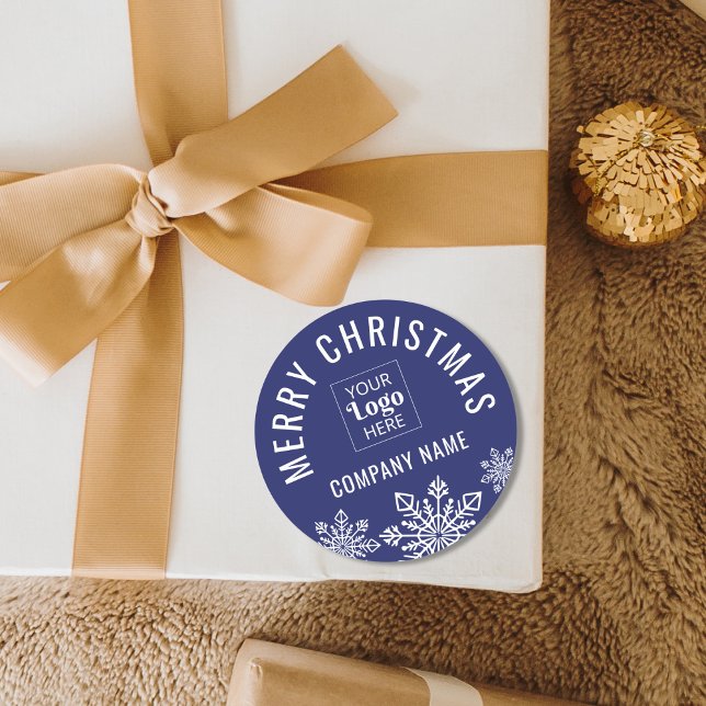 Merry Christmas Business Logo Company Name Blue Classic Round Sticker (Creator Uploaded)