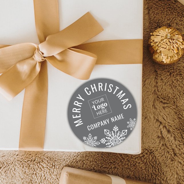 Merry Christmas Business Logo Company Name Grey Classic Round Sticker (Creator Uploaded)