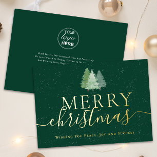Merry Christmas Business Logo Fir Tree Script Gold Foil Holiday Card