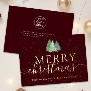 Merry Christmas Business Logo Fir Tree Script Gold Foil Holiday Card