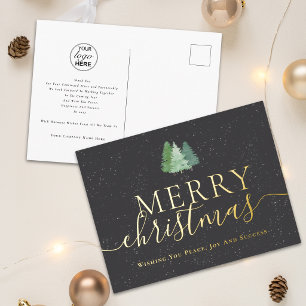Merry Christmas Business Logo Fir Trees Gold Foil Holiday Postcard