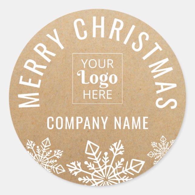 Merry Christmas Business Logo Name Kraft Look Classic Round Sticker (Front)