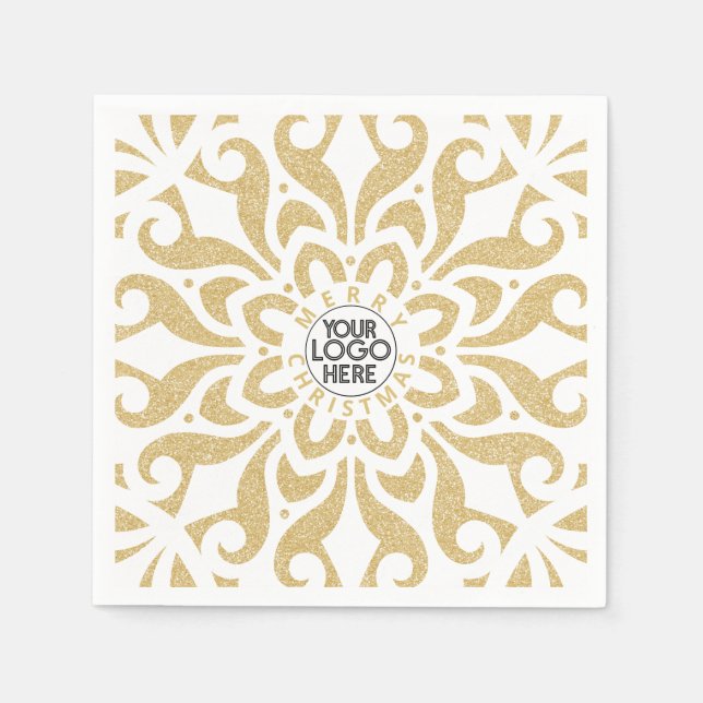 Merry Christmas Business Logo Snowflake Gold  Napkin (Front)