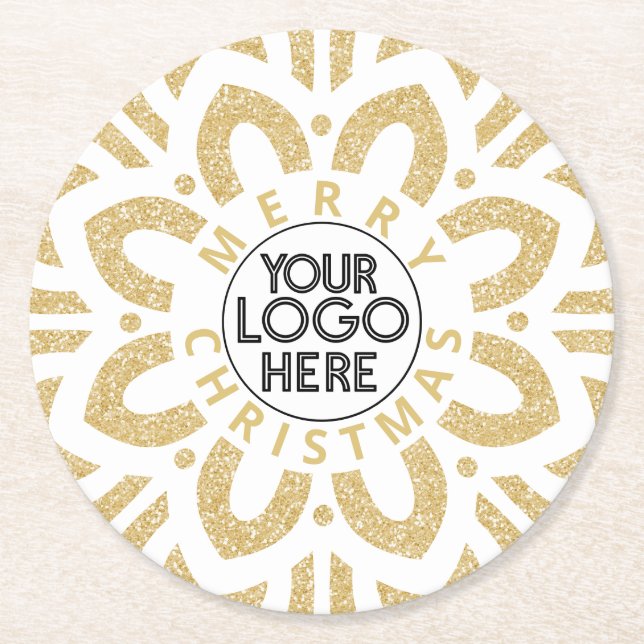 Merry Christmas Business Logo Snowflake Gold  Round Paper Coaster (Front)