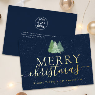 Merry Christmas Business Logo Snowy Tree Blue Gold Foil Holiday Card