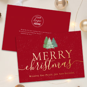 Merry Christmas Business Logo Snowy Tree Red Gold Foil Holiday Card