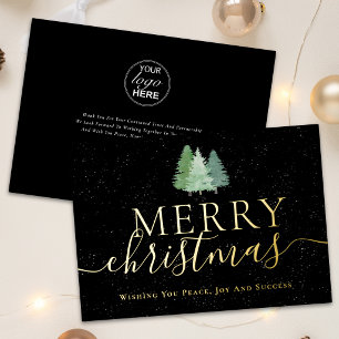 Merry Christmas Business Logo Snowy Trees Gold Foil Holiday Card