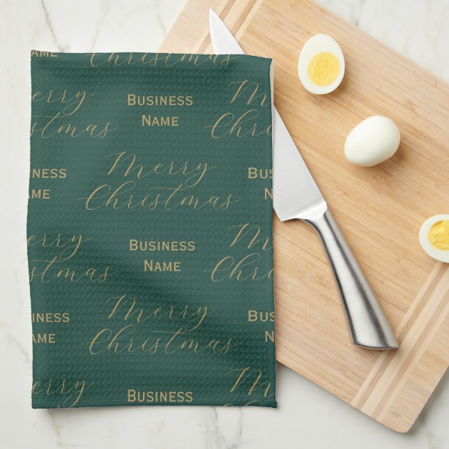 Merry Christmas Business Name Green Employee Tea Towel (Quarter Fold)
