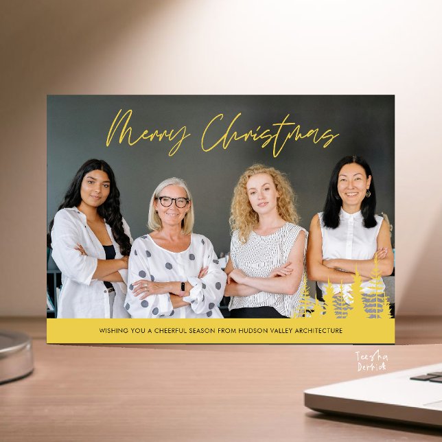 Merry Christmas Business Team Photo Pine Trees Holiday Card (Merry Christmas Business Team Photo Pine Trees Holiday Card in Yellow Gold)
