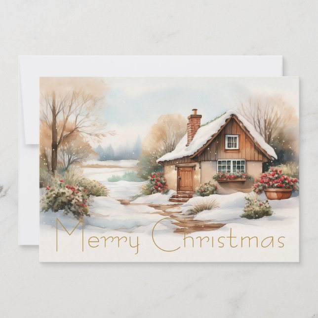 Merry Christmas Cabin in snowy landscape Holiday Card (Front)