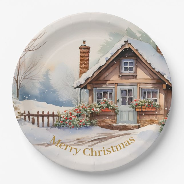 Merry Christmas Cabin in snowy landscape Paper Plate (Front)