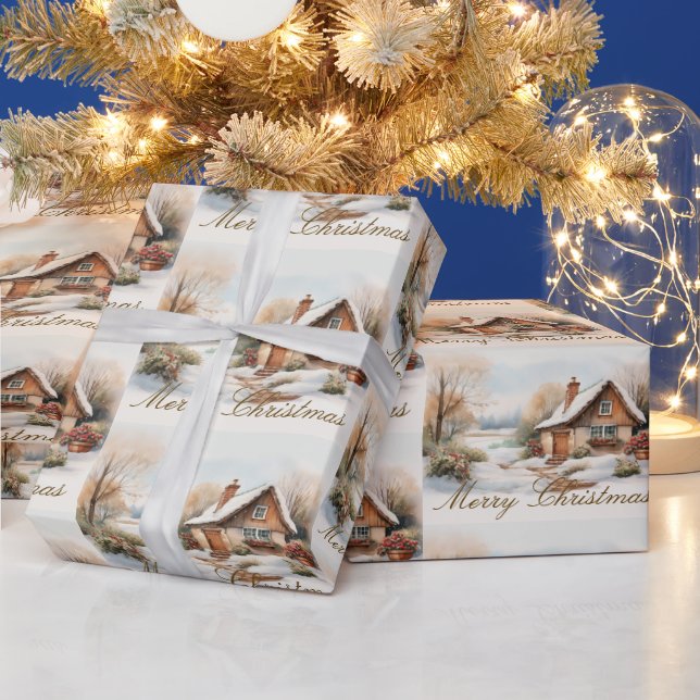 Merry Christmas Cabin in snowy landscape Wrapping Paper (Holidays)