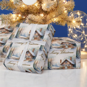 Merry Christmas Cabin in snowy landscape Wrapping Paper