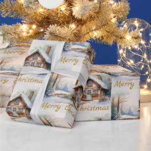 Merry Christmas Cabin in snowy landscape Wrapping Paper