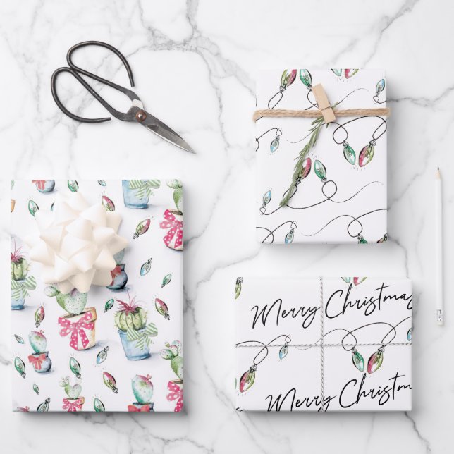 Merry Christmas Cactus and Lights Wrapping Paper Sheet (Front)