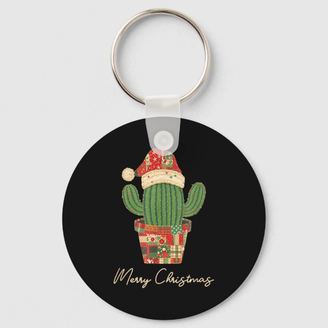Merry Christmas Cactus Patchwork Quilt  Key Ring (Front)