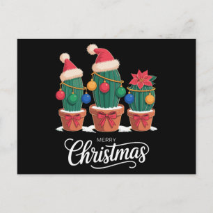 Merry Christmas Cactus Santa Hat Poinsettia Xmas Holiday Postcard