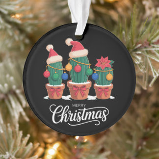 Merry Christmas Cactus Santa Hat Poinsettia Xmas Ornament