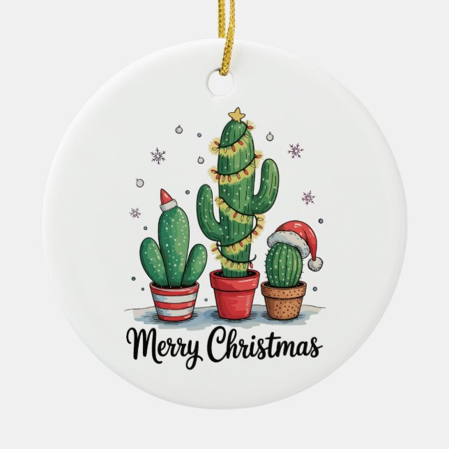 Merry Christmas Cactus Tree Festive Xmas Lights Ceramic Tree Decoration (Front)