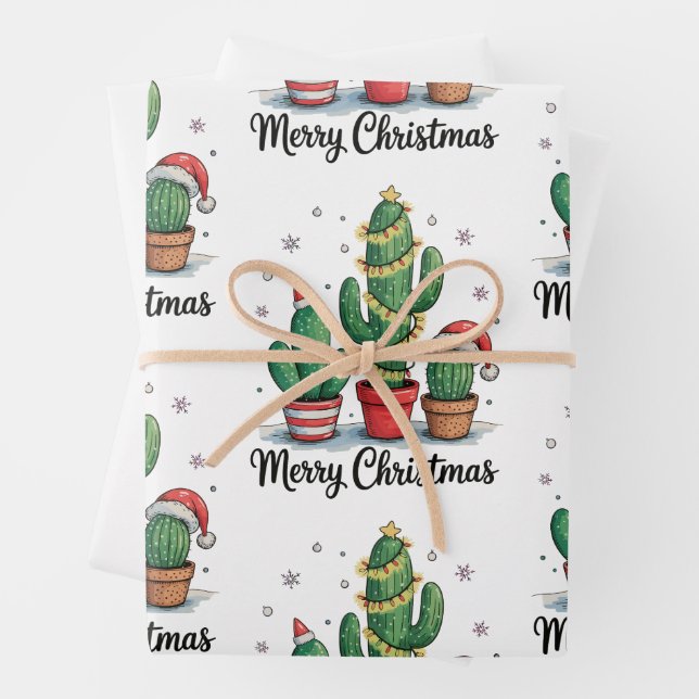 Merry Christmas Cactus Tree Festive Xmas Lights Wrapping Paper Sheet (In situ)