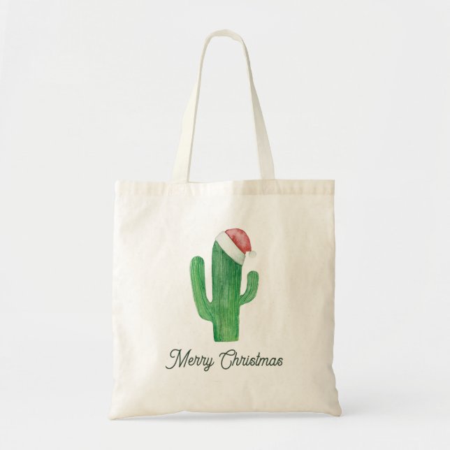 Merry Christmas Cactus with Santa Hat | Holiday Tote Bag (Front)