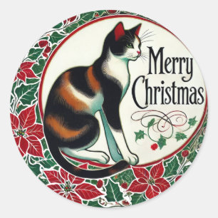 Merry Christmas Calico Cat Classic Round Sticker