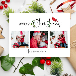 Merry Christmas Calligraphy Botanical 3 Photo Holiday Card