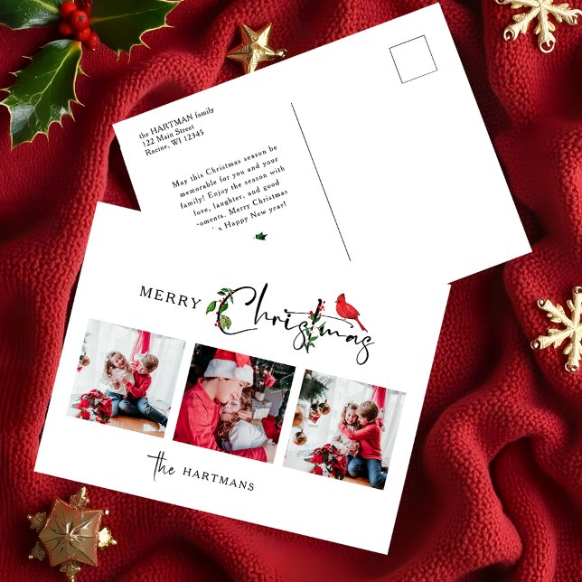 Merry Christmas Calligraphy Botanical 3 Photo Holiday Postcard (Creator Uploaded)