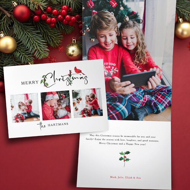 Merry Christmas Calligraphy Botanical 3 Photo Tri-Fold Holiday Card (Creator Uploaded)