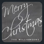 Merry Christmas Calligraphy Chalkboard Custom Square Sticker<br><div class="desc">An festive Merry Christmas sticker featuring a calligraphy script font set against a black chalkboard background.  The perfect sticker for your holiday packages and gifts.  Add your name to customise.</div>