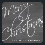Merry Christmas Calligraphy Chalkboard Custom Square Sticker<br><div class="desc">An festive Merry Christmas sticker featuring a calligraphy script font set against a black chalkboard background.  The perfect sticker for your holiday packages and gifts.  Add your name to customise.</div>