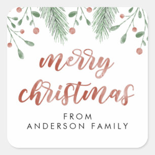 Merry Christmas Calligraphy Cherry Botanical Square Sticker