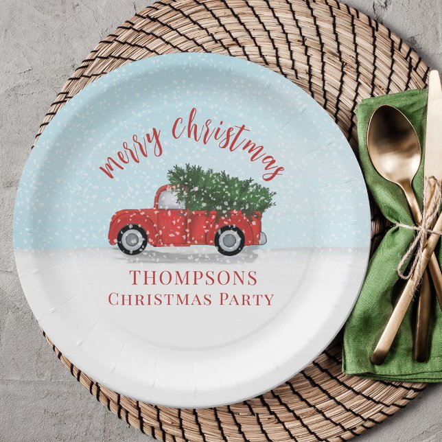 Merry Christmas Calligraphy Cute Rustic Red Truck Paper Plate (Cute whimsical Christmas tree and rustic red truck winter scene paper plate. )