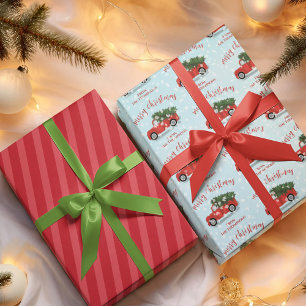 Merry Christmas Calligraphy Cute Rustic Red Truck Wrapping Paper Sheet