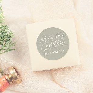 Merry Christmas Calligraphy Elegant Sage Green  Classic Round Sticker