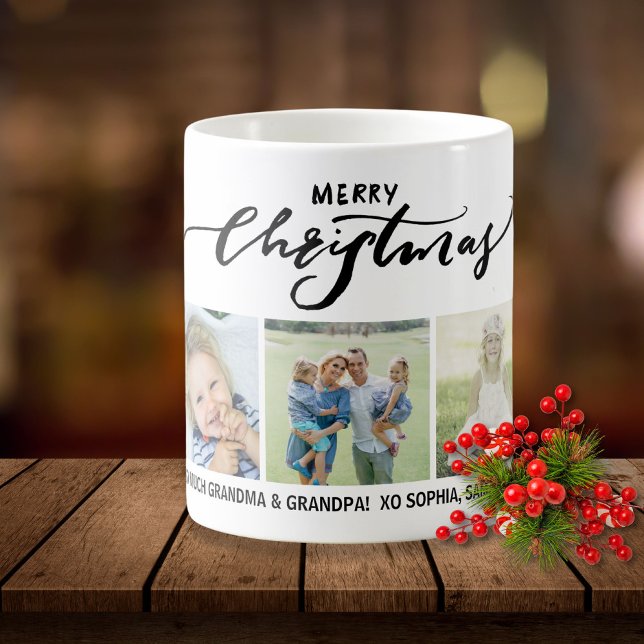 Merry Christmas Calligraphy Family Photos Custom Coffee Mug (Creator Uploaded)