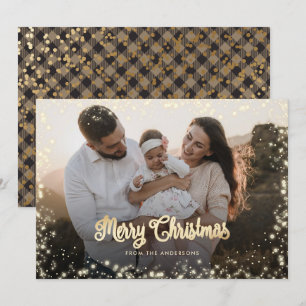 Merry Christmas Calligraphy Gold Snow Lights Photo Holiday Card