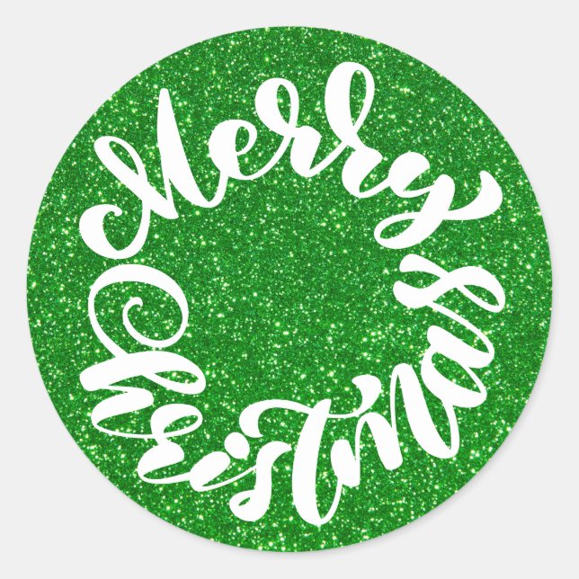 Merry Christmas Calligraphy Green Glitter Classic Round Sticker (Front)