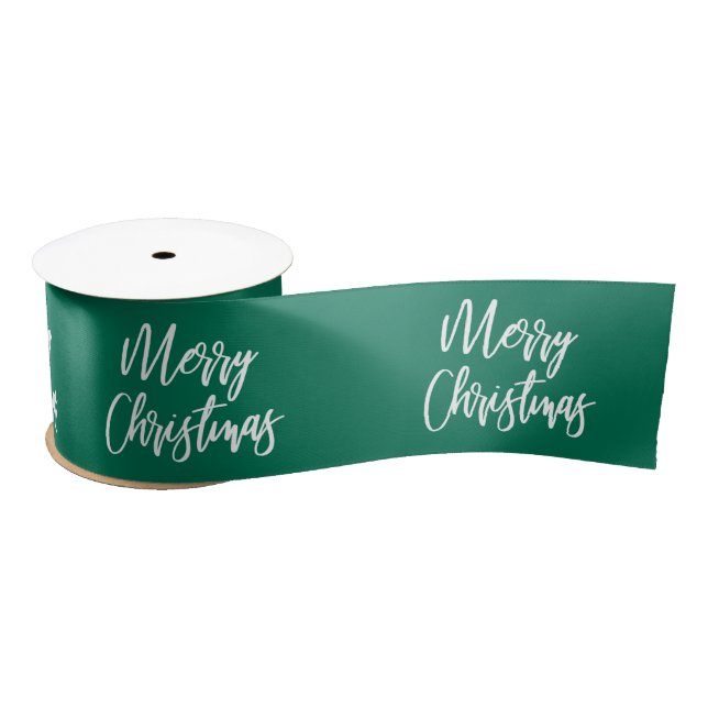 Merry Christmas Calligraphy Green Holiday Satin Ribbon (Spool)