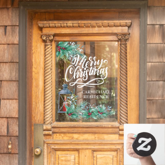 Merry Christmas Calligraphy Lantern Holly Garlands Window Cling (Home Door)