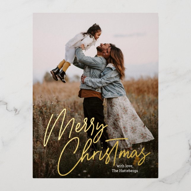 Merry Christmas Calligraphy Lettering Photo Foil Holiday Postcard (Front)