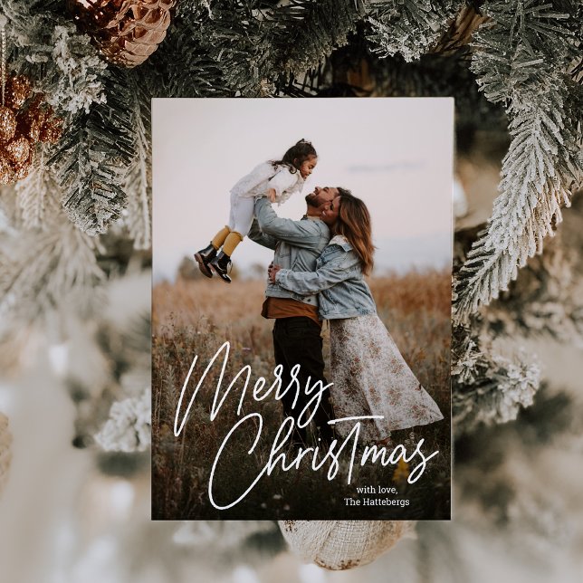 Merry Christmas Calligraphy Lettering Photo Holiday Card (Creator Uploaded)
