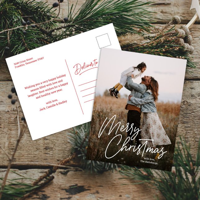 Merry Christmas Calligraphy Lettering Photo Holiday Postcard (Creator Uploaded)