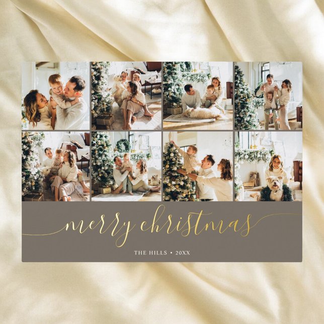 Merry Christmas Calligraphy Multi Photo Foil Holiday Card (Creator Uploaded)
