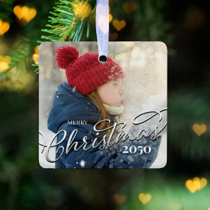 Merry Christmas Calligraphy Navy Blue Plaid Photo Ceramic Ornament