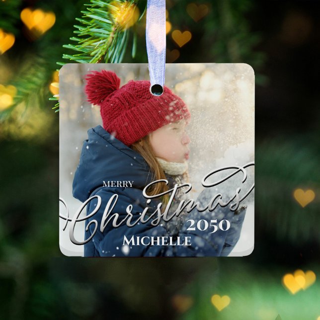 Merry Christmas Calligraphy Navy Blue Plaid Photo Ceramic Ornament (Merry Christmas holiday silver calligraphy script photo ceramic square ornament)