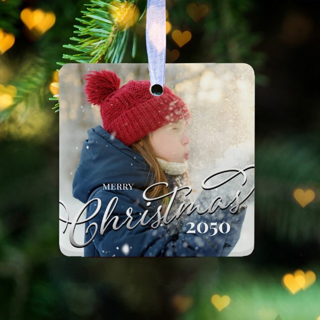 Merry Christmas Calligraphy Navy Blue Plaid Photo Ceramic Ornament (Merry Christmas holiday silver calligraphy script photo ceramic square ornament)